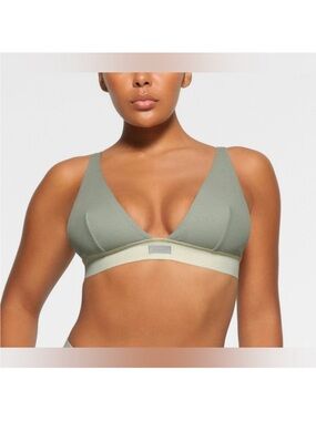 NWT SKIMS Soft Cotton Rib Plunge Bralette Smoke Grey XL